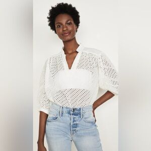 FRAME Cali Eyelet Puff Sleeve White Blouse Sm